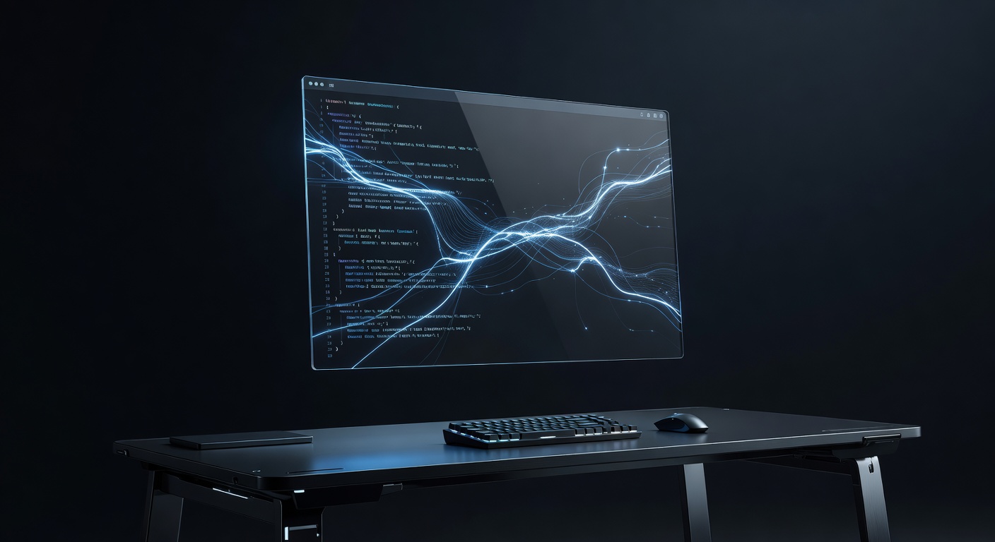 A sleek, futuristic terminal window hovering over a minimalist developer desk, with abstract glowing lines representing code execution and automated setup processes. Dark mode, modern tech aesthetic, no text or logos.