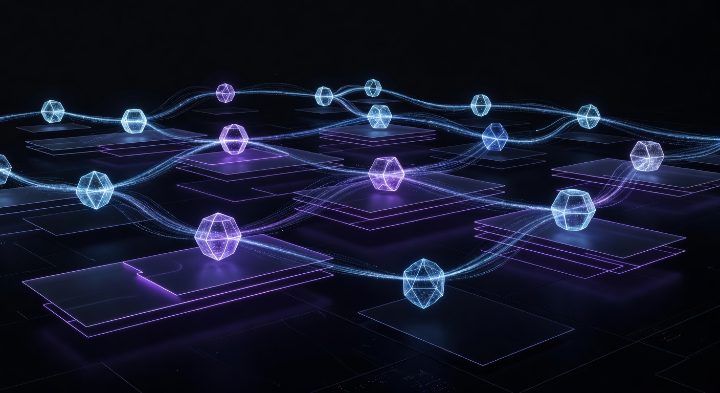 A modern, abstract 3D visualization of a modular software architecture. Glowing interconnected nodes and layered glowing planes representing data flow, compilers, and schedulers in a high-tech, dark theme with neon blue and purple accents. No text or logos.