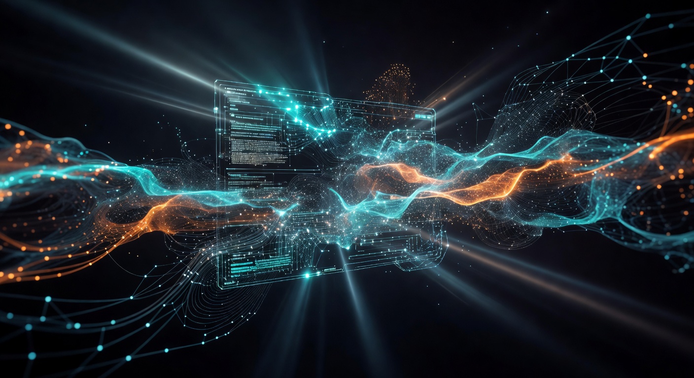 A sleek, futuristic representation of software development and AI integration. A glowing web interface wireframe merging with abstract neural network patterns, symbolizing seamless backend and frontend connectivity. Dark mode aesthetic with vibrant cyan and orange highlights. No text or logos.