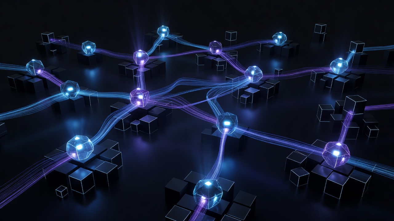 A modern, abstract 3D illustration of a smart contract ecosystem, featuring glowing interconnected nodes, digital blocks, and flowing data streams in neon blue and purple tones, representing automated blockchain functions, no text or logos.