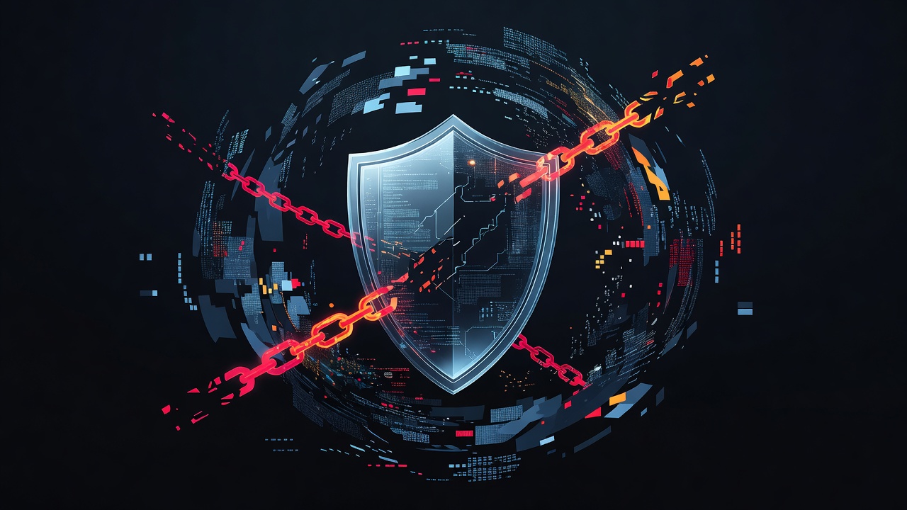 A sleek, modern 3D illustration of a glowing digital shield surrounded by abstract data fragments and broken digital chains, representing cybersecurity risks and smart contract vulnerabilities, dark background with neon red and orange accents, no text or logos.