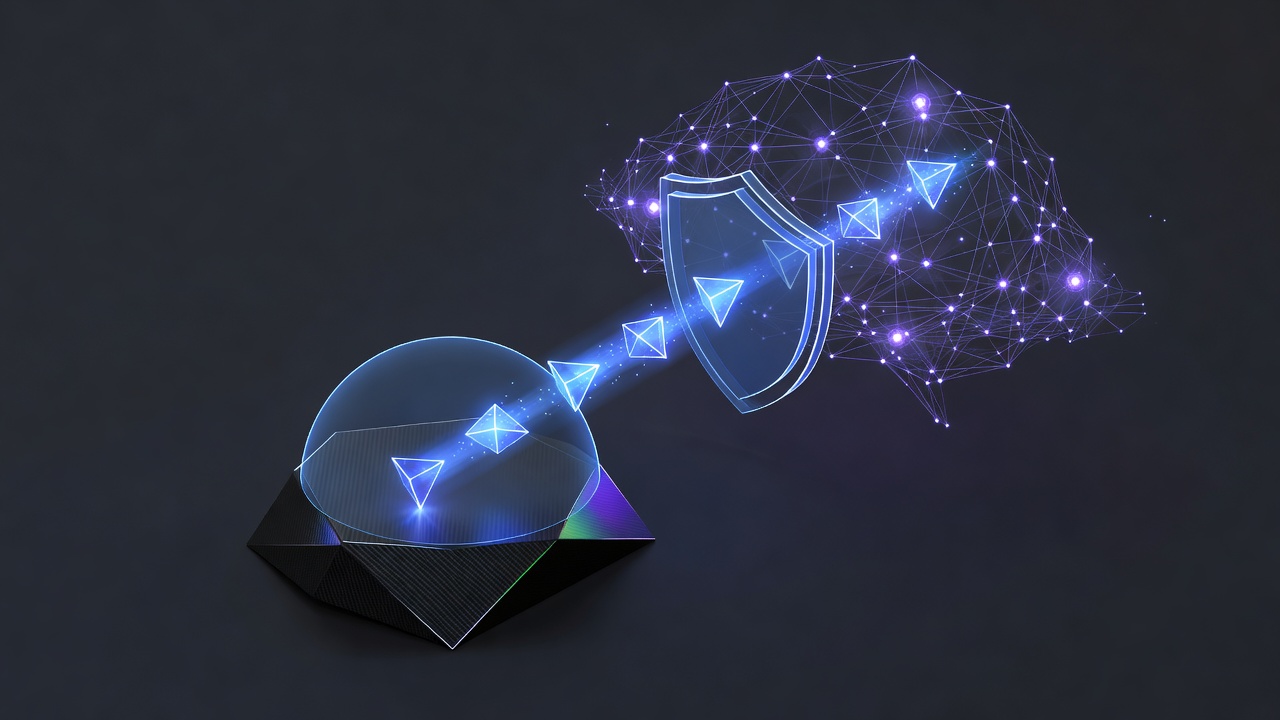 A sleek, abstract 3D isometric illustration showing a local computer node securely transmitting glowing data packets to a neural network cloud, with a glowing shield representing local-first security and sandboxed environments. Modern dark mode tech aesthetic with neon blue and purple accents, no text or logos.