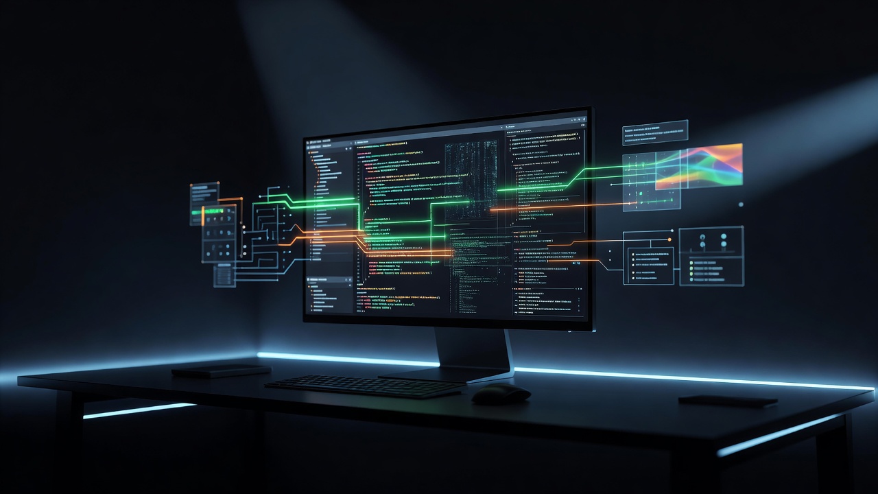 A minimalist, modern workspace setup featuring a glowing computer monitor displaying abstract code blocks and command-line interfaces. Surrounding the screen are subtle holographic UI elements representing configuration and deployment. Dark theme with vibrant green and orange highlights, no text or logos.