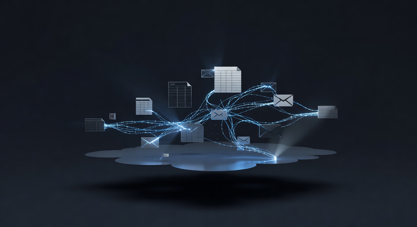 A modern, abstract 3D illustration showing floating digital documents, spreadsheets, and email icons being connected by glowing AI neural network lines in a sleek, futuristic cloud environment. Clean, minimalist tech style, no text or logos.