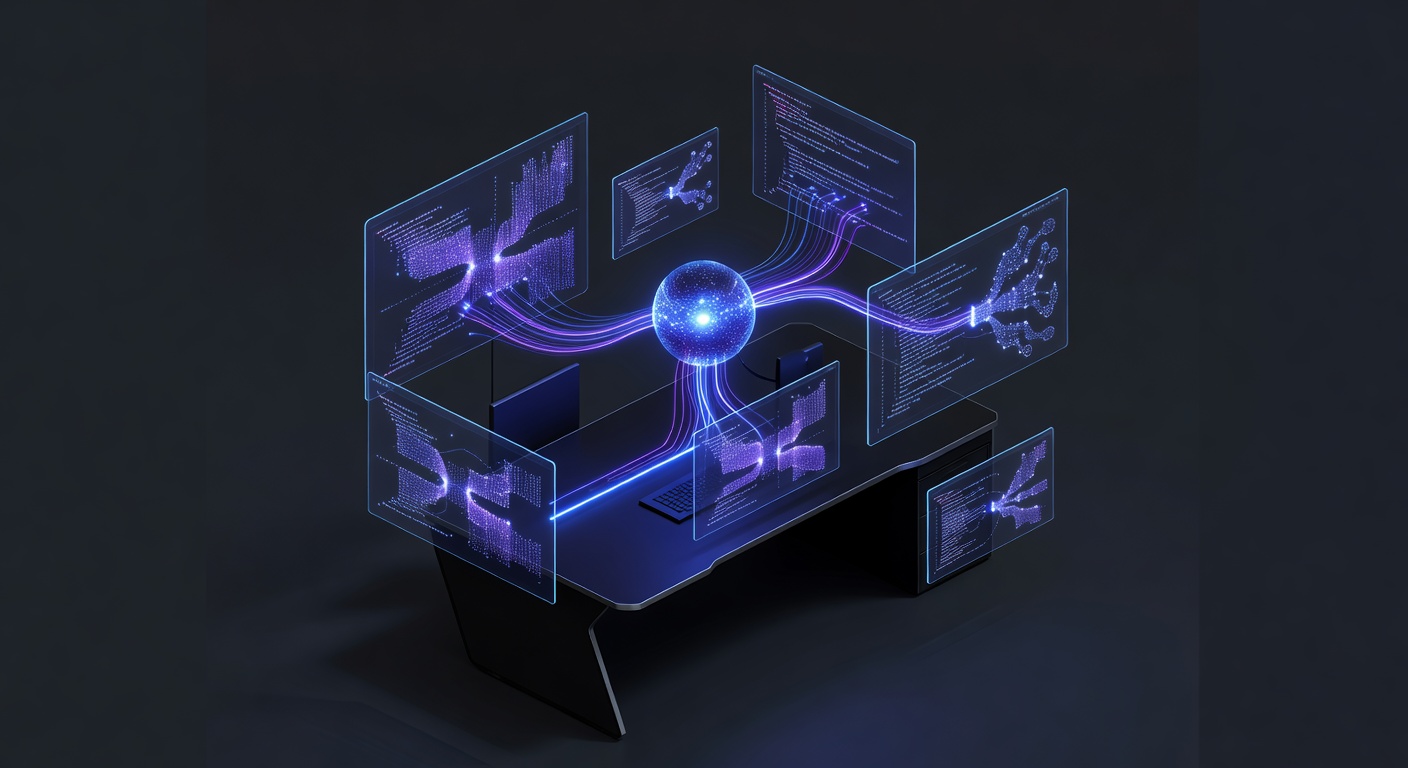 A stylized, modern isometric illustration of a developer's workspace with multiple floating holographic screens displaying abstract code structures and API nodes connecting to a central glowing AI core. Dark mode color palette with neon blue and purple accents, no text or logos.