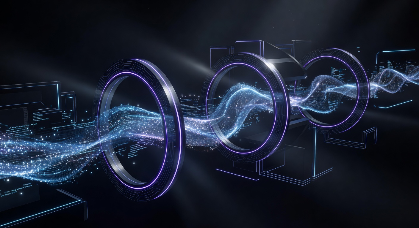 A modern, abstract 3D illustration showing a glowing data stream being compressed and filtered through high-tech glowing rings, representing data optimization and token reduction in a futuristic coding environment. Dark theme with neon blue and purple accents, no text or logos.