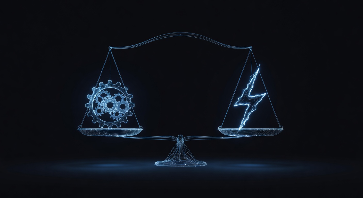 A sleek, minimalist conceptual illustration of a balancing scale made of glowing digital lines, with a glowing gear on one side and a stylized lightning bolt on the other, representing the trade-off between efficiency and customization. Modern tech aesthetic, dark background, no text or logos.