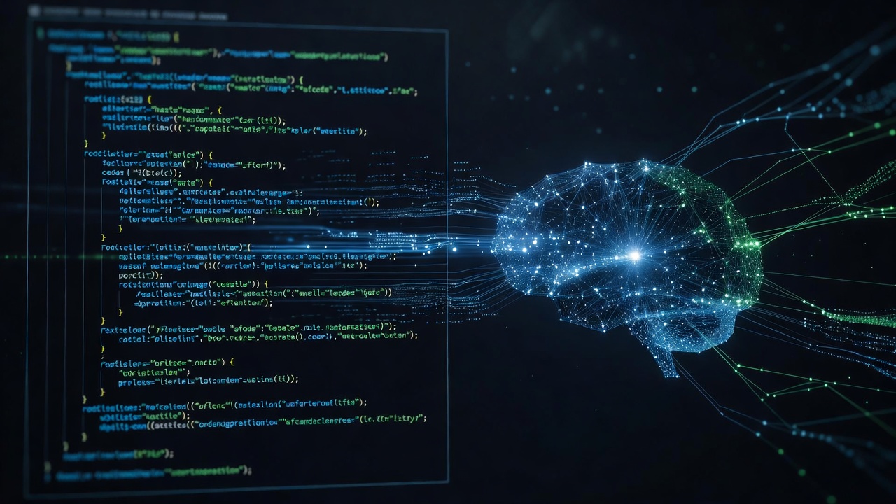 A split-screen digital interface showing abstract code blocks on one side and a glowing, efficient neural network node on the other, representing a fast and accurate AI code generation process. Modern dark theme with neon blue and green accents, sleek tech style, no text or logos.