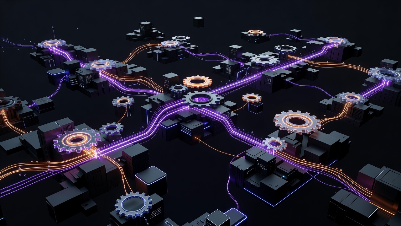 A futuristic 3D visualization of interconnected nodes and glowing data streams representing automated workflows and web development architecture. Abstract server blocks and gears symbolizing seamless integration. Modern tech aesthetic, dark background with vibrant purple and orange highlights, no text or logos.