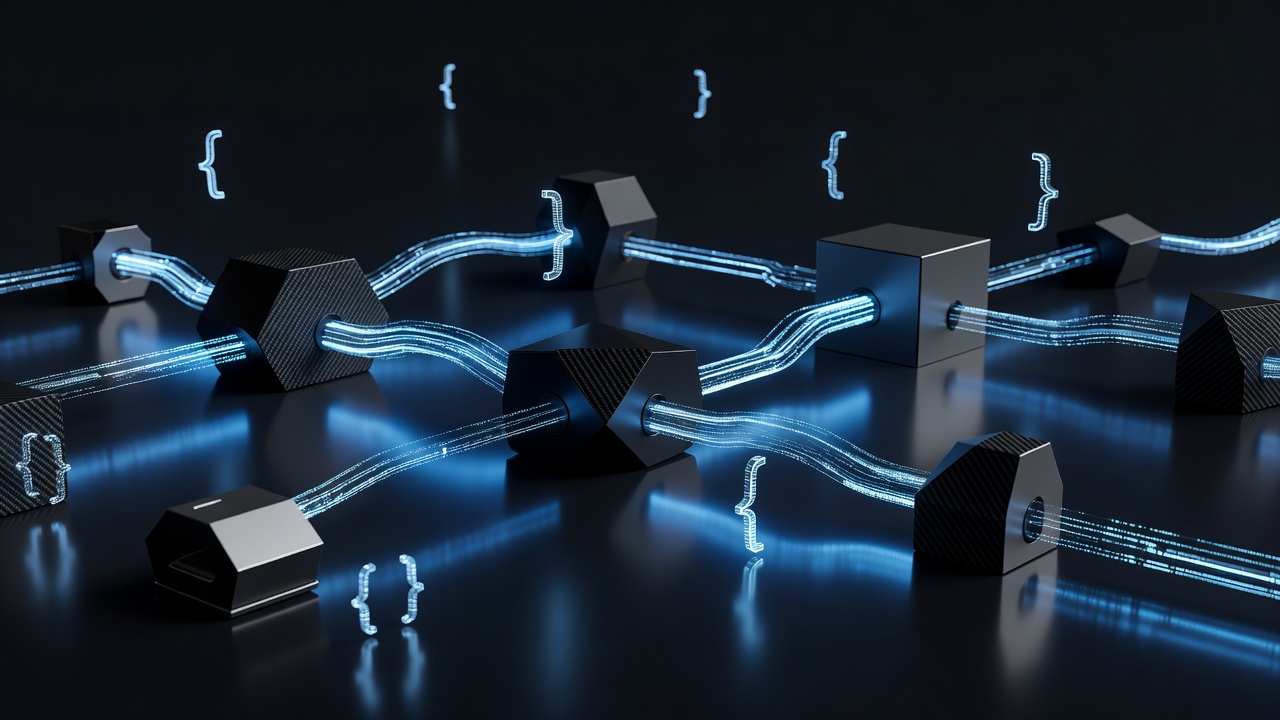 A conceptual 3D illustration of backend integration, featuring glowing data streams connecting abstract server nodes and floating code brackets in a sleek, dark futuristic tech environment, without any text or logos.