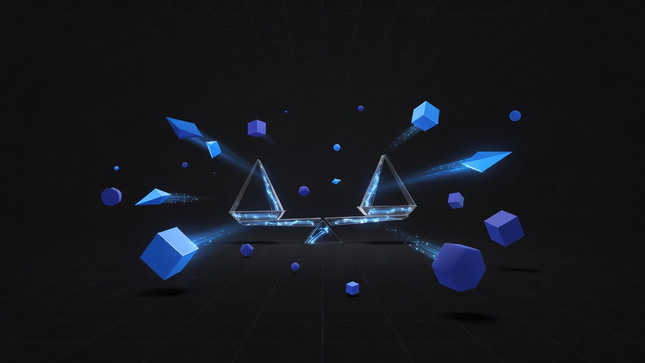 A modern, abstract visualization of performance metrics and data balancing, showing glowing digital scales and floating geometric shapes representing speed versus resource consumption in a dark mode aesthetic, without any text or logos.