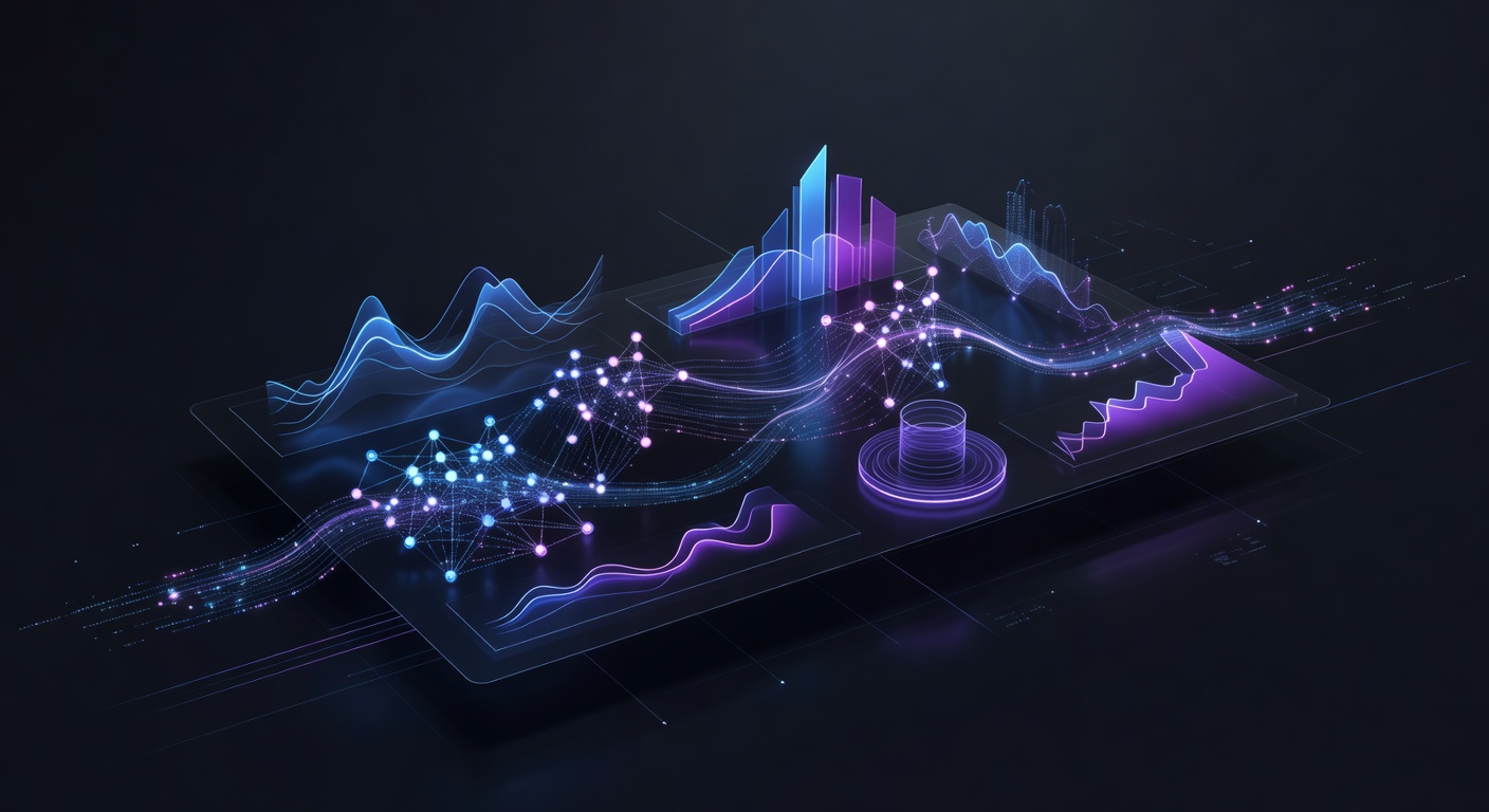 A sleek, modern web dashboard interface concept showing abstract analytics charts, network nodes representing multi-channel integrations, and real-time data flow, glowing neon blue and purple on a dark theme, 3D isometric tech style, no text or logos.