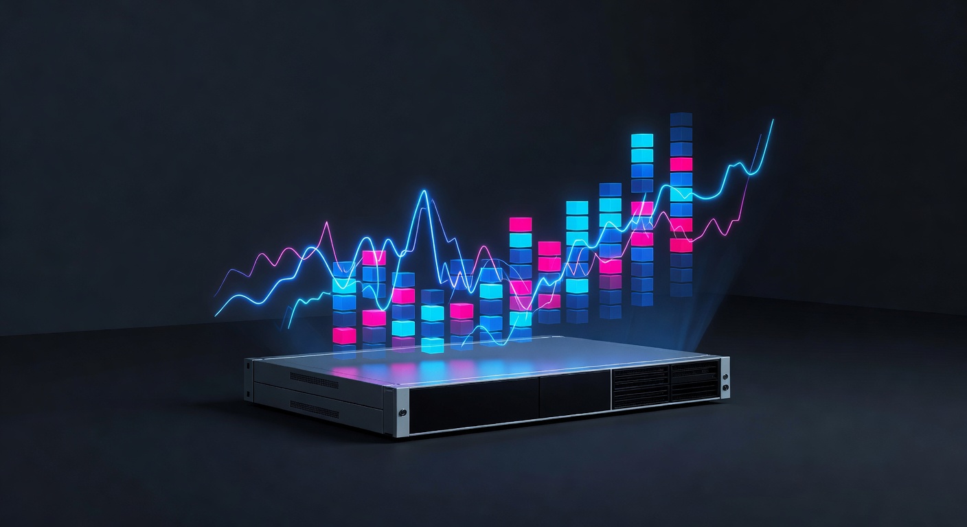 A conceptual illustration of server scalability and performance monitoring, featuring abstract glowing bar charts and line graphs floating above a sleek server rack, modern cyber aesthetic, vibrant colors, no text or logos.