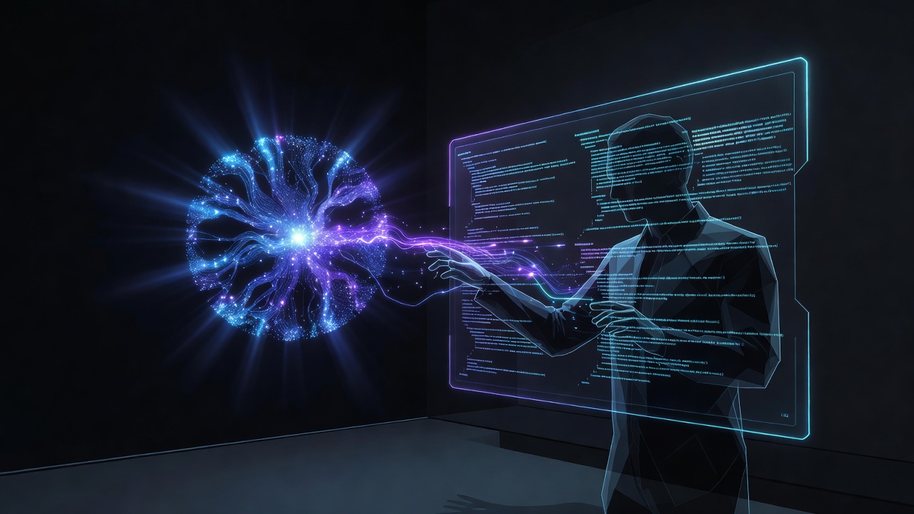 A conceptual illustration of human-AI collaboration in software development, featuring a glowing AI node and an abstract human silhouette working together on a futuristic digital interface, modern tech style, dark mode with neon blue and purple accents, no text or logos.