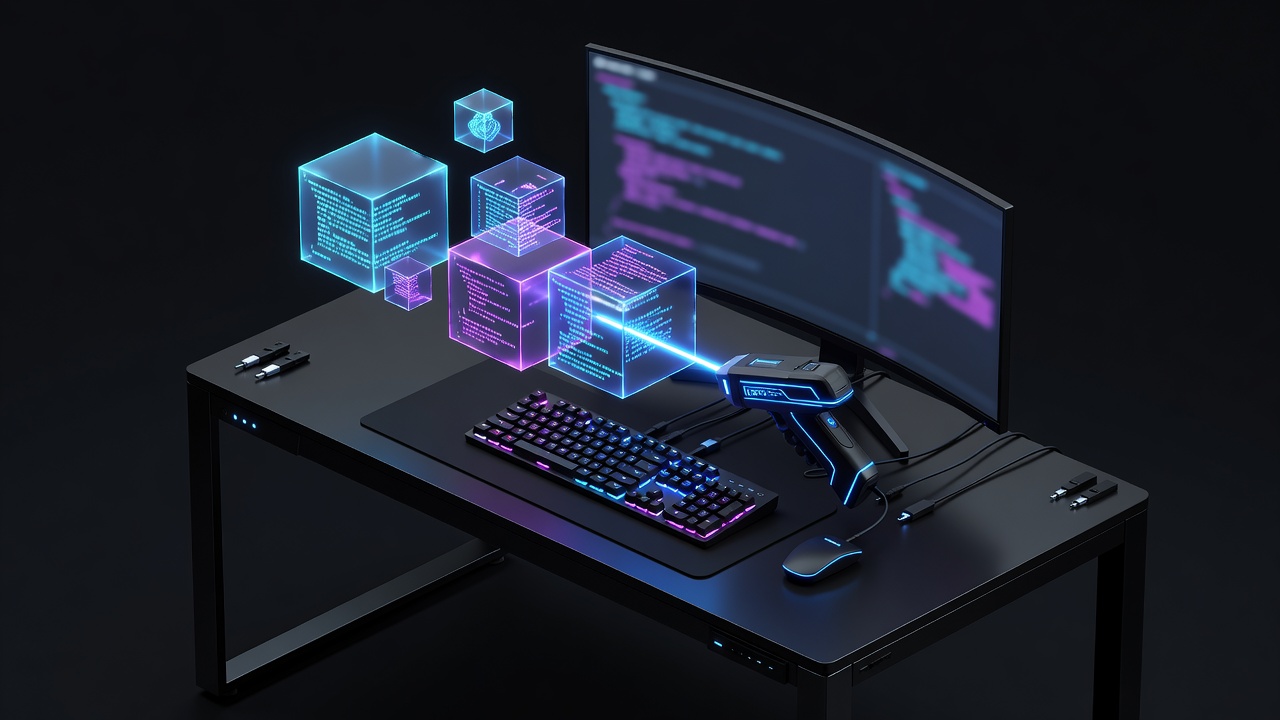 A sleek 3D isometric view of a modern developer workspace with floating abstract code blocks being inspected by a glowing scanner, representing the manual review and integration of AI-generated code, vibrant colors, no text or logos.