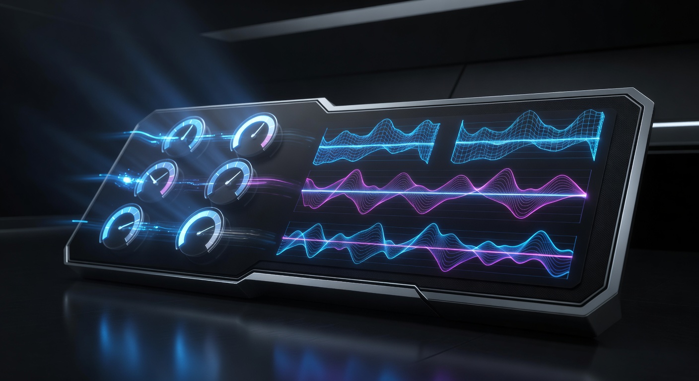 A conceptual 3D illustration of a futuristic performance dashboard with glowing speedometers and resource usage graphs, symbolizing workflow acceleration and system balance, rendered in a dark tech style with vibrant holographic elements, no text or logos.