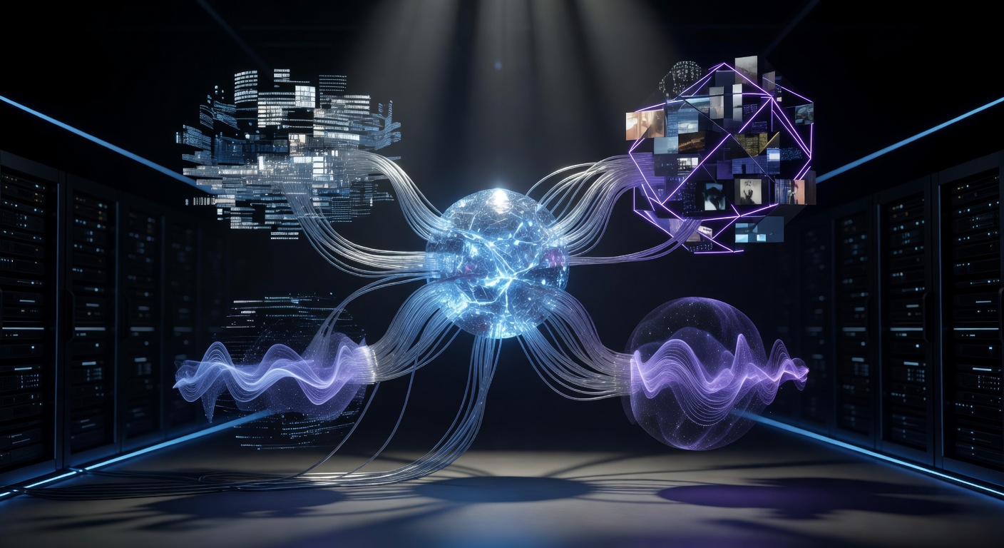 A conceptual 3D illustration showing a central glowing AI core connecting to various data nodes representing text, vision, and audio processing, set in a modern dark tech environment with neon blue and purple accents, no text or logos.