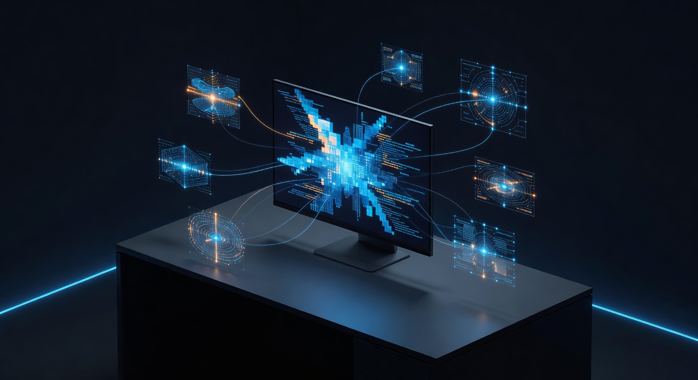 A sleek isometric workspace showing a glowing computer screen with abstract code blocks, connected to floating holographic elements representing web development and AI integration, modern minimalist style, dark theme with vibrant orange and cyan highlights, no text or logos.