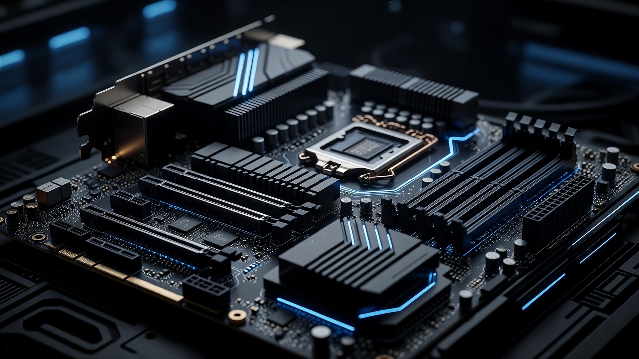 A close-up of a high-end server motherboard featuring multiple powerful GPUs and PCIe switches, illuminated by subtle cool-toned LED lights, modern tech aesthetic, highly detailed, no text or logos.