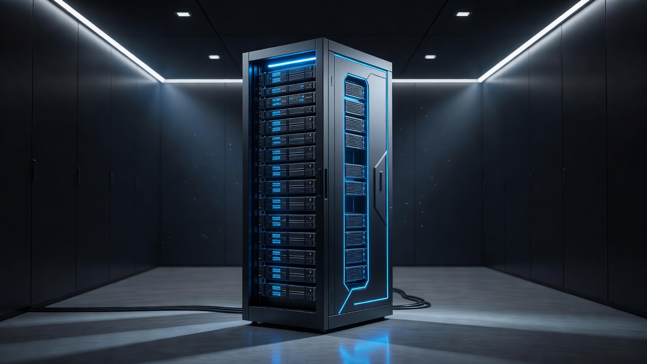 A sleek, modern server rack in a pristine, well-lit private data center, symbolizing local AI infrastructure and data security, futuristic tech style with blue and cyan lighting, no text or logos.