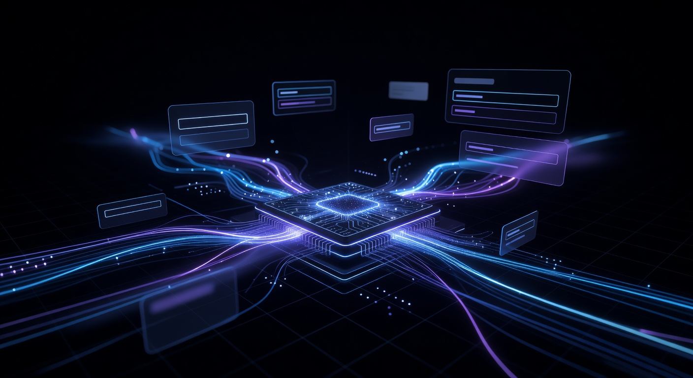 A conceptual 3D illustration of a glowing microchip processing data streams, with abstract floating UI elements representing text input fields and autocomplete suggestions, modern dark mode tech aesthetic, neon blue and purple accents, no text or logos.
