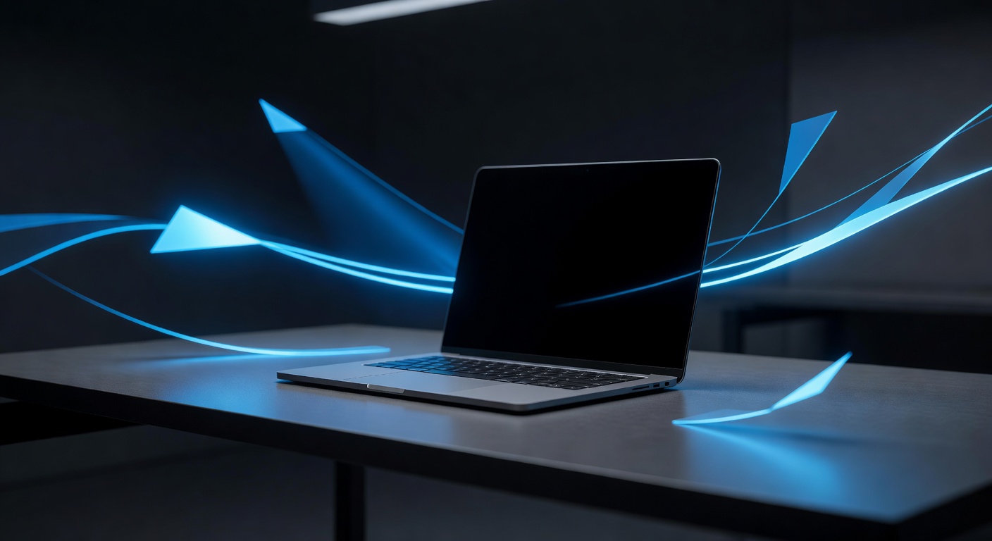 A sleek, modern workspace setup featuring a minimalist laptop on a clean desk, surrounded by abstract glowing geometric shapes symbolizing speed and AI assistance, soft ambient lighting, high-tech productivity concept, no text or logos.