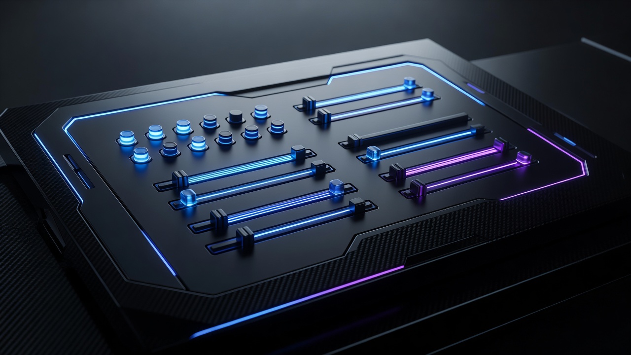 A sleek, modern 3D illustration of a futuristic control panel with glowing toggles and sliders, representing software configuration and access management, dark mode with neon blue and purple accents, no text or logos.