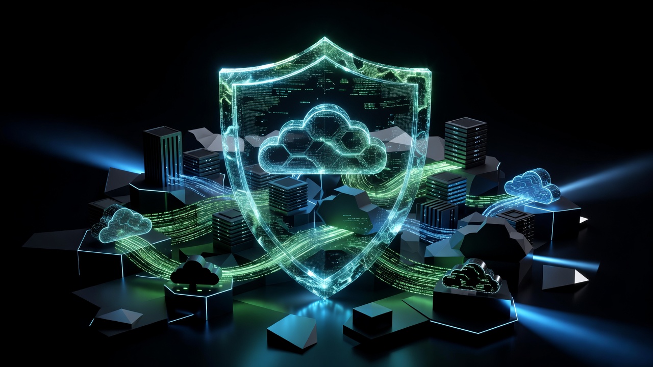 A modern abstract 3D illustration of a glowing digital shield protecting a stylized cloud server infrastructure, representing cybersecurity and data governance, dark tech aesthetic with neon cyan and green lighting, no text or logos.