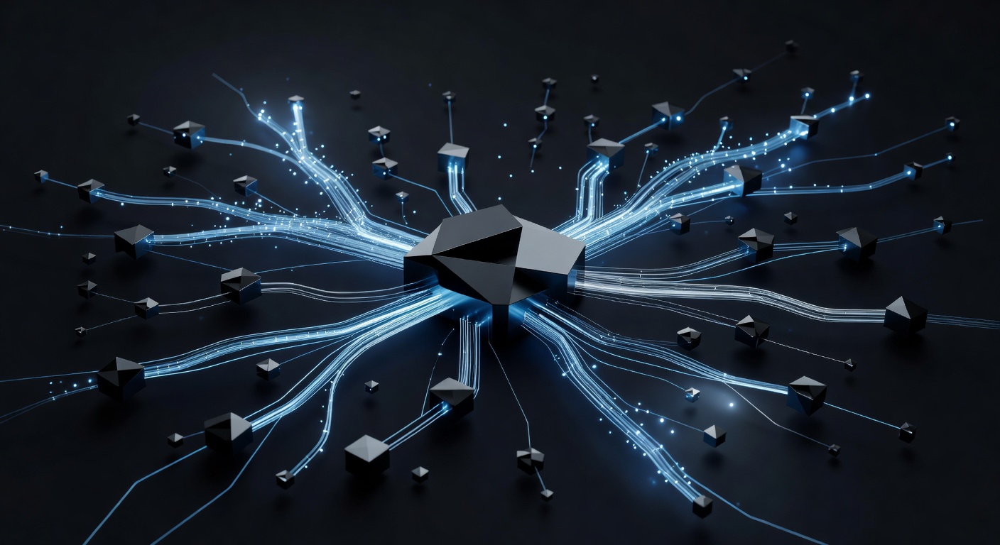 A modern, abstract 3D illustration of a sleek desktop application interface connecting to various network nodes and proxy servers, featuring glowing data streams and a clean, minimalist tech aesthetic, no text or logos.