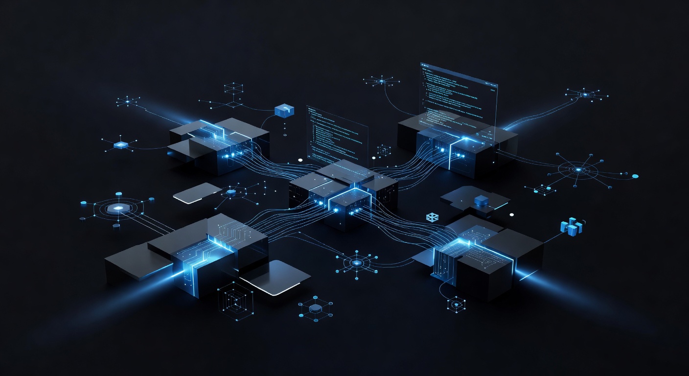 A sleek, abstract representation of software architecture and modular development, featuring glowing building blocks, a stylized command-line interface, and network configuration elements in a dark mode tech environment, no text or logos.