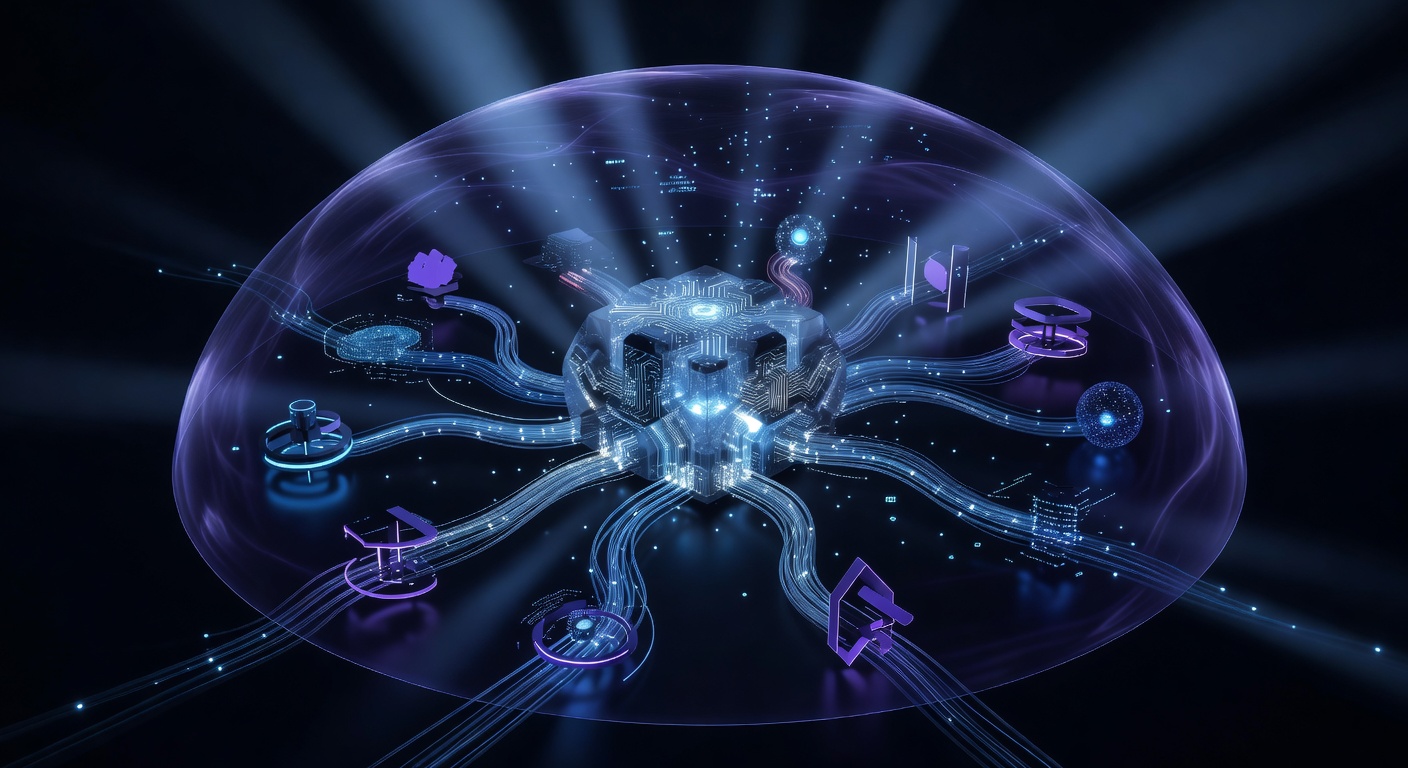 Abstract 3D illustration of a central AI core connecting to various tool nodes within a glowing protective shield, representing sandboxed execution and tool calling, modern tech style with neon blue and purple accents, no text or logos