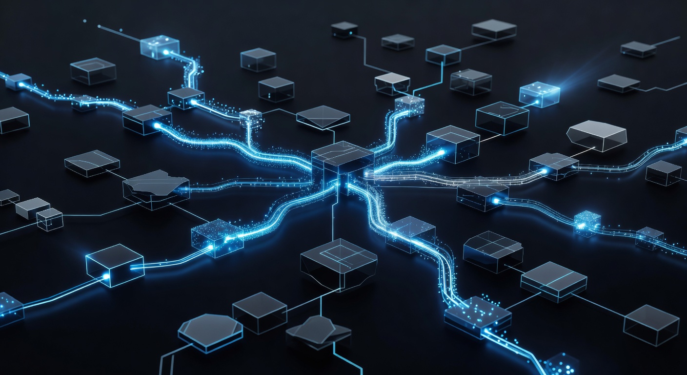 Futuristic abstract representation of automated workflows and data streams connecting different application blocks, symbolizing AI integration in software development, modern tech style, dark background with vibrant glowing lines, no text or logos