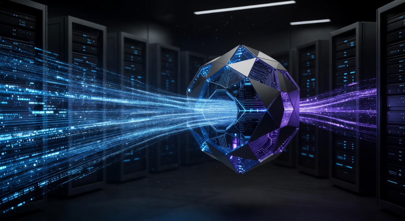 A modern, abstract 3D illustration showing a glowing data stream being compressed and filtered through a central hub, representing data optimization and token reduction in a high-tech server environment, dark mode with neon blue and purple accents, no text or logos