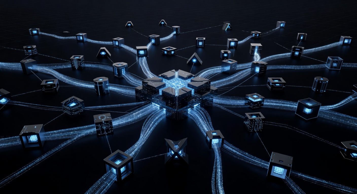 An abstract representation of an AI automation system, showing interconnected glowing data streams, microservices architecture nodes, and a central processing core, modern tech style, sleek and minimalist, no text or logos