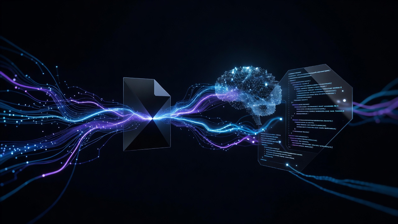 A sleek, modern abstract representation of a glowing configuration file linking to an AI brain or code editor interface, with neon blue and purple data streams, dark mode tech aesthetic, no text or logos
