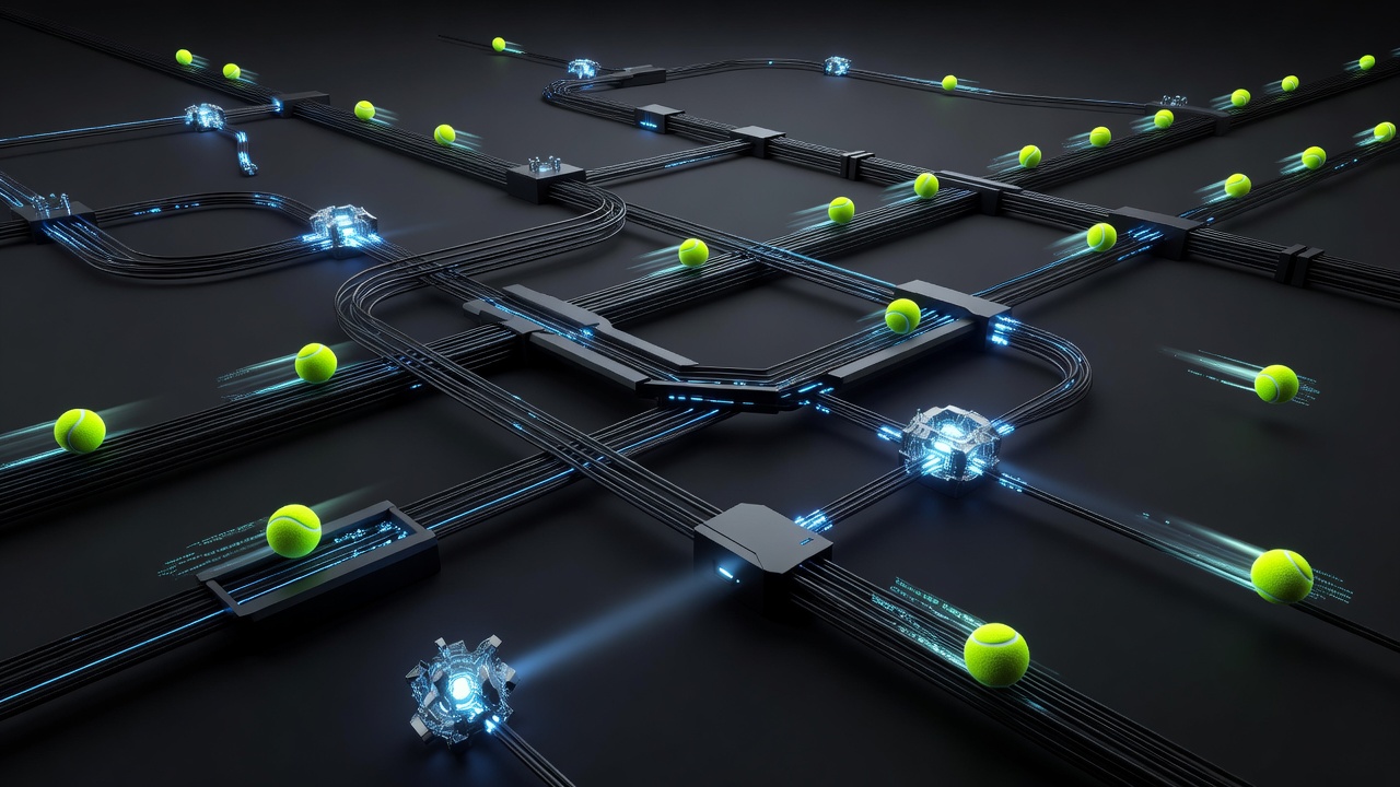 An abstract 3D visualization of automated data pipelines processing sports analytics, featuring glowing nodes, tennis ball-like spheres moving through digital conduits, modern dark tech style, no text or logos