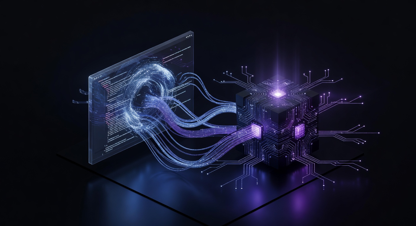 A modern 3D isometric illustration of an abstract code editor interface seamlessly connecting to a glowing server node, representing API routing and proxy integration, dark mode tech aesthetic, neon blue and purple accents, no text or logos