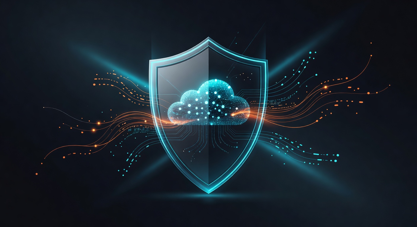 A sleek conceptual illustration of a digital shield protecting a cloud database, with subtle glowing data streams being filtered, representing security and limits in cloud infrastructure, modern tech style, dark background with vibrant orange and cyan highlights, no text or logos