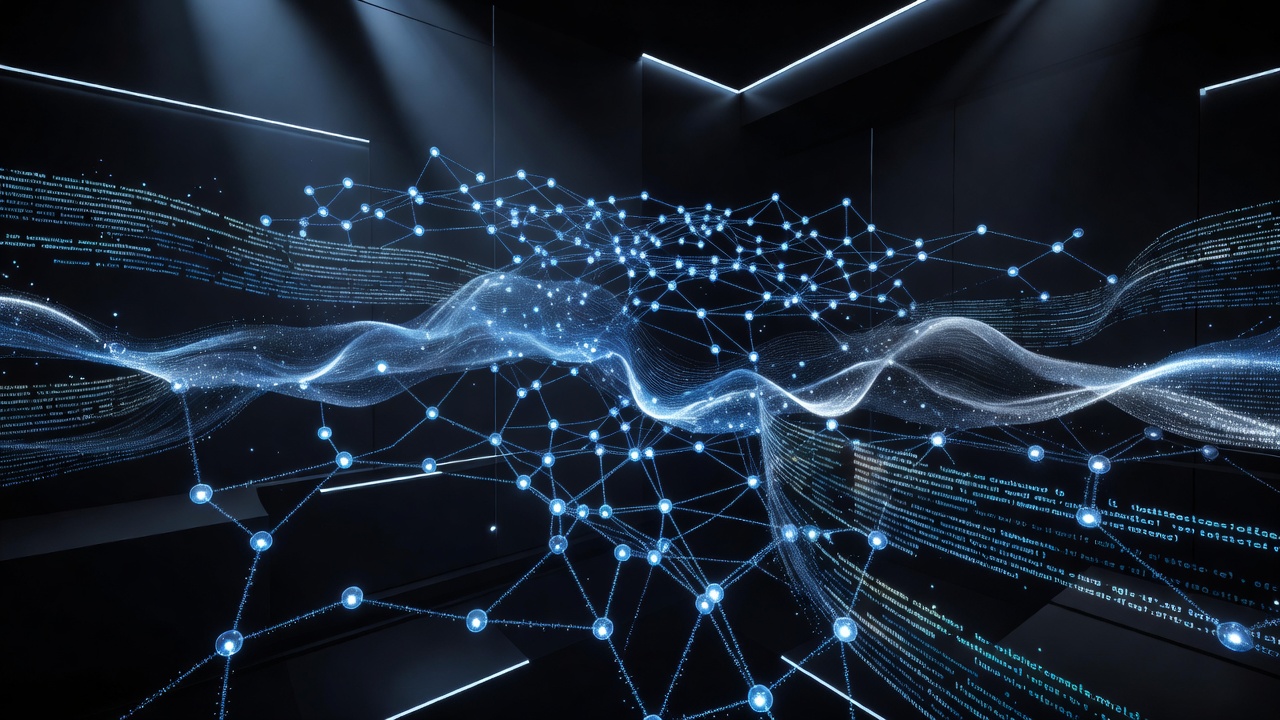 A modern, abstract representation of an AI coding environment, featuring glowing holographic lines of code, interconnected nodes representing AI agents, and a sleek dark theme, modern tech style, no text or logos.