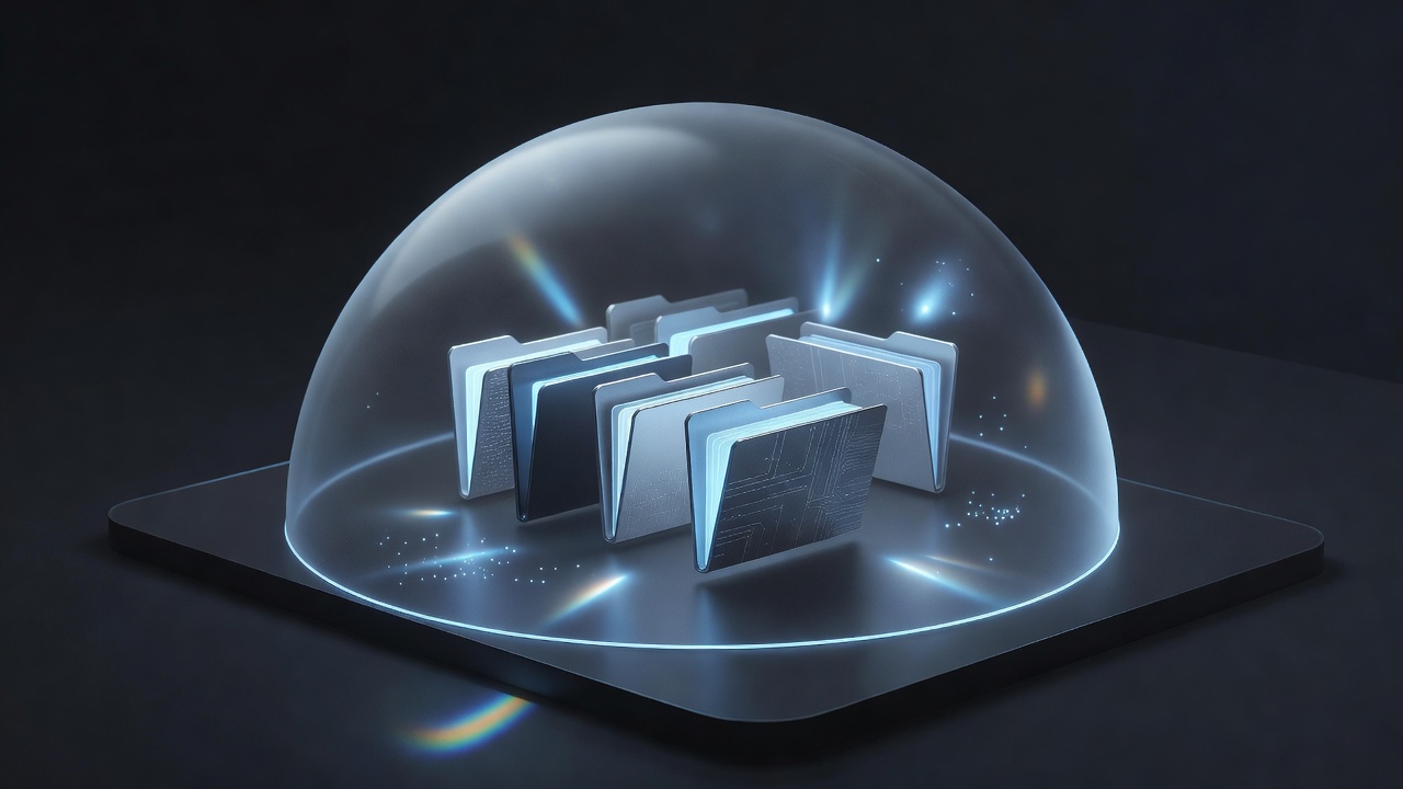 An abstract 3D illustration of a secure digital sandbox, featuring glowing folders enclosed in a translucent protective shield, representing data security and local file isolation, modern tech style, no text or logos.