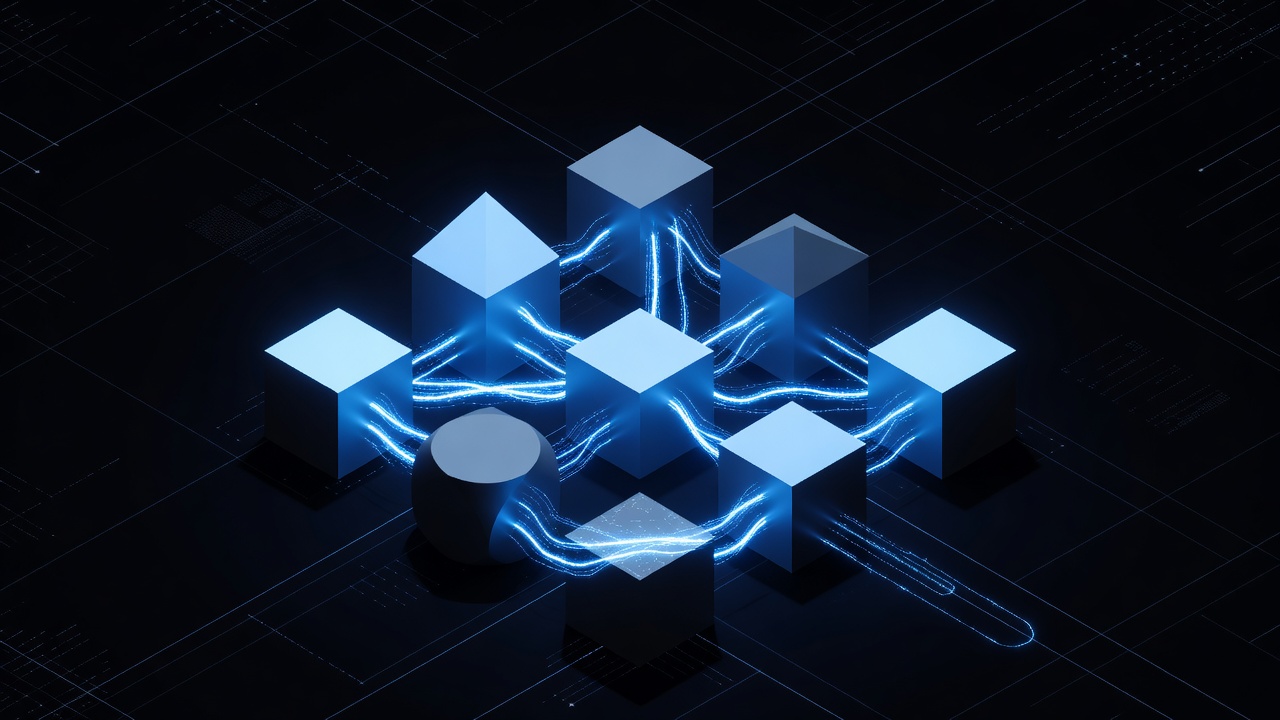 A modern, abstract 3D isometric illustration showing five distinct glowing geometric blocks connecting together via luminous data streams to form a larger cohesive network structure, set against a dark tech-themed background, no text or logos.