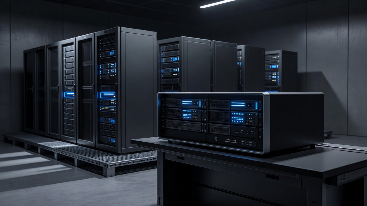 A modern, sleek illustration of a computer terminal and server racks in a grounded, realistic tech environment, avoiding overly futuristic sci-fi tropes, modern tech style, no text or logos.