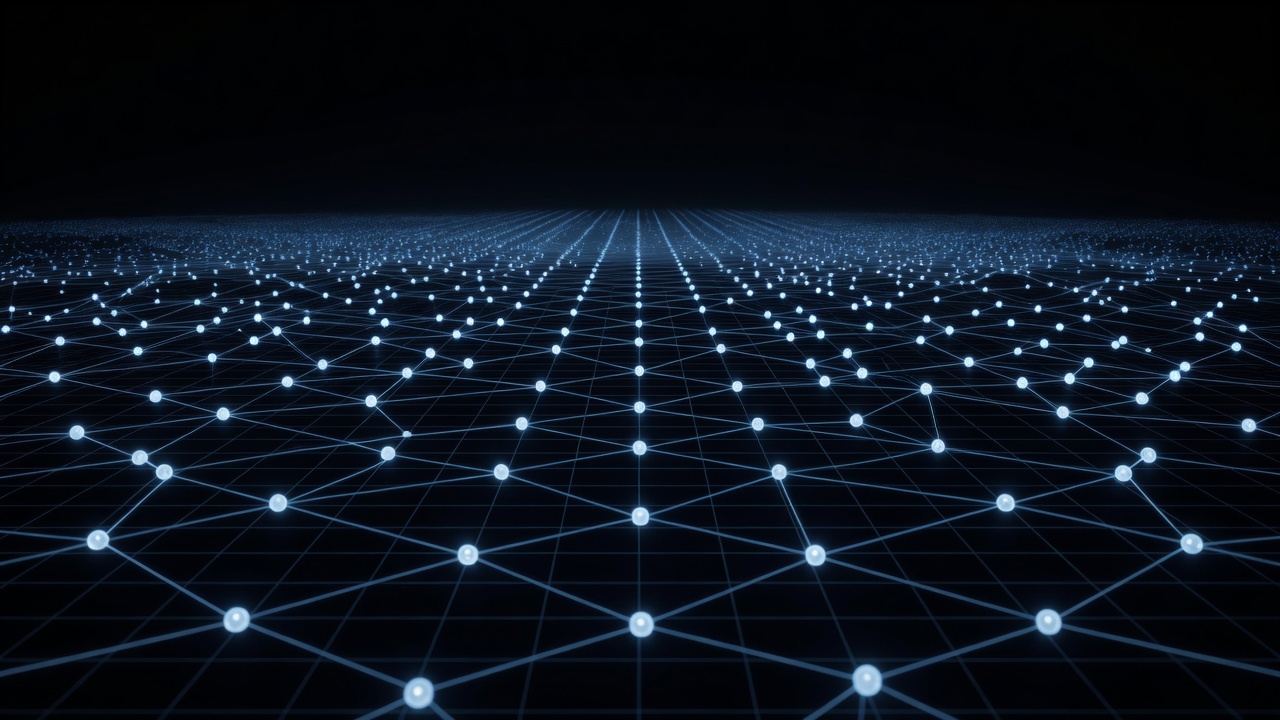 A conceptual digital art piece showing a network of glowing nodes spreading evenly across a grid, representing decentralized and open-source AI technology, modern tech style, no text or logos.