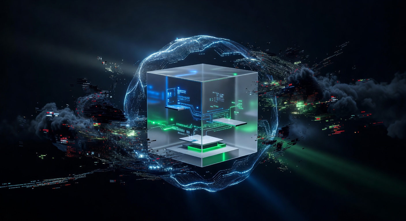 A conceptual 3D illustration showing a glowing, isolated sandbox or transparent cube protecting a clean, futuristic local environment from external digital elements, with a subtle shield or barrier motif representing security and isolation, modern tech style, dark mode with neon blue and green accents, no text or logos.