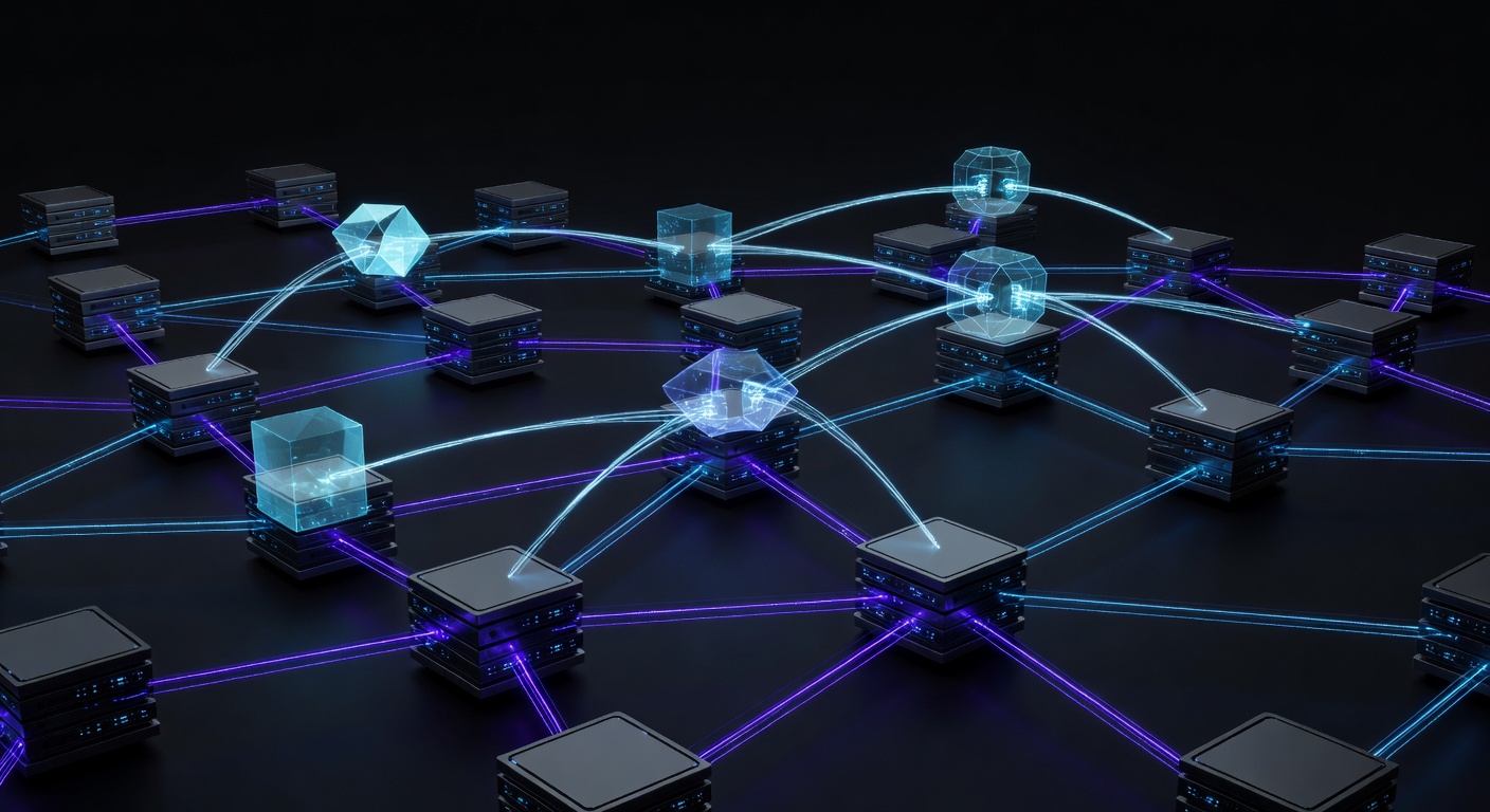 A technical abstract visualization of interconnected server nodes and floating holographic containers being assembled by glowing energy beams, representing automated container lifecycle management and cloud architecture, sleek modern tech aesthetic, dark background with vibrant purple and cyan glowing lines, no text or logos.