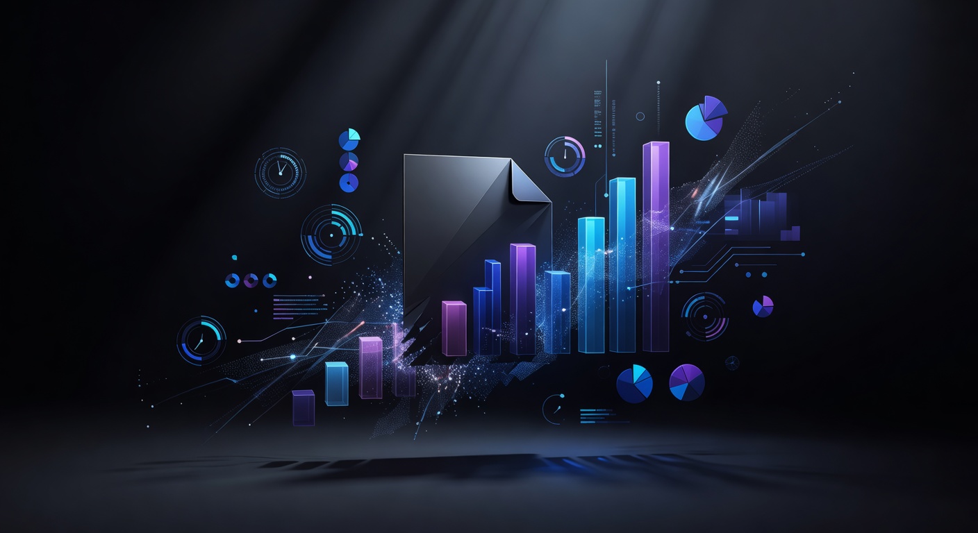 A modern, abstract 3D illustration showing a document transforming into a colorful bar chart and data dashboard, floating UI elements, dark mode tech aesthetic, no text or logos