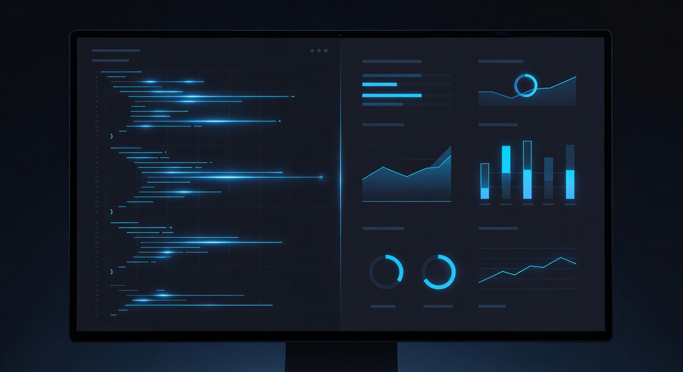 A sleek, minimalist illustration of a split-screen code editor interface on a computer monitor, with abstract code lines on the left and a rendered data dashboard on the right, glowing neon accents, modern developer environment, no text or logos
