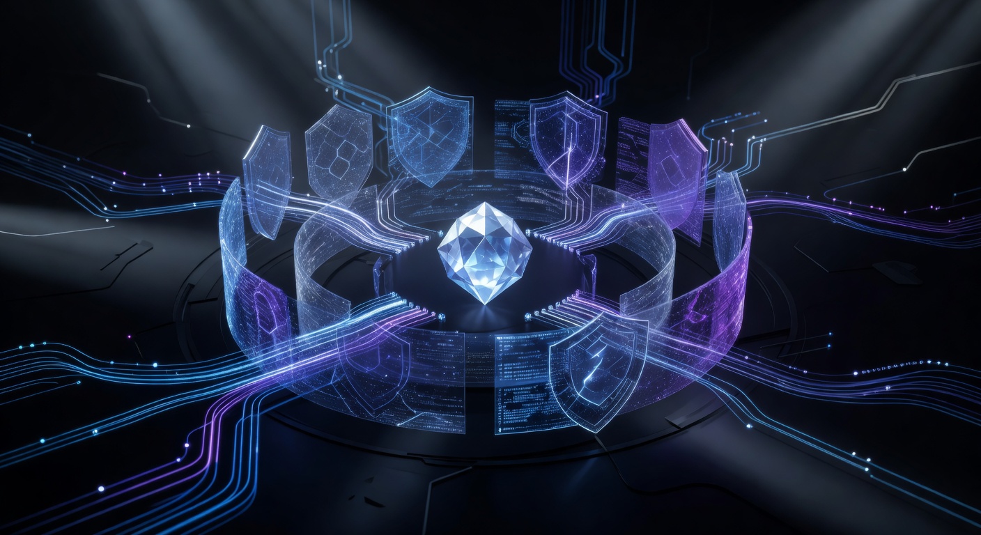 A conceptual 3D illustration of a secure AI core surrounded by protective digital shields and glowing data streams, representing permission-hardened tools and secure multi-channel access, modern tech style, dark mode with neon blue and purple accents, no text or logos.