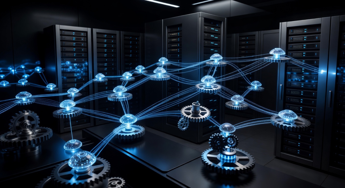 A sleek, abstract representation of an automated workflow featuring interconnected glowing nodes, gears, and server racks in a futuristic environment, symbolizing continuous 24/7 daemon operation and seamless project integration, modern tech style, no text or logos.