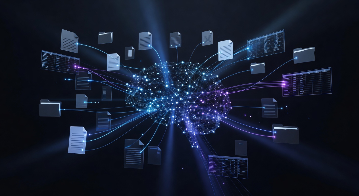 A modern, abstract 3D illustration showing a glowing AI neural network interacting with floating digital documents, folders, and data tables, symbolizing automated document analysis and smart legal workflows, clean tech aesthetic, dark mode with neon blue and purple accents, no text or logos.